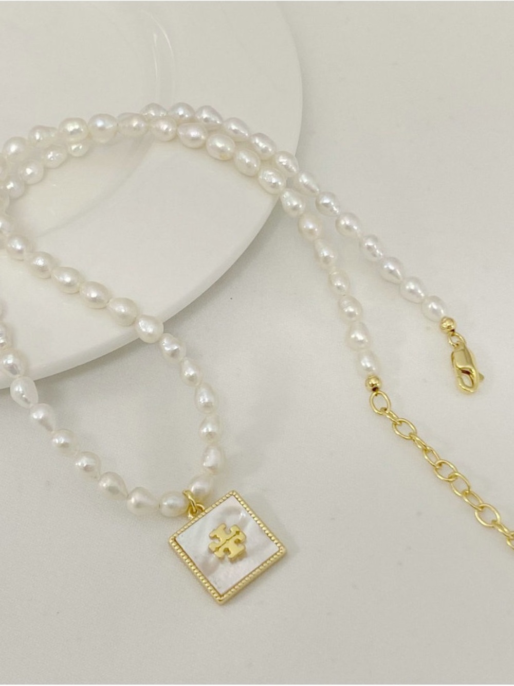 Tory Burch White Pearl Necklace with Gold Square Logo Charm